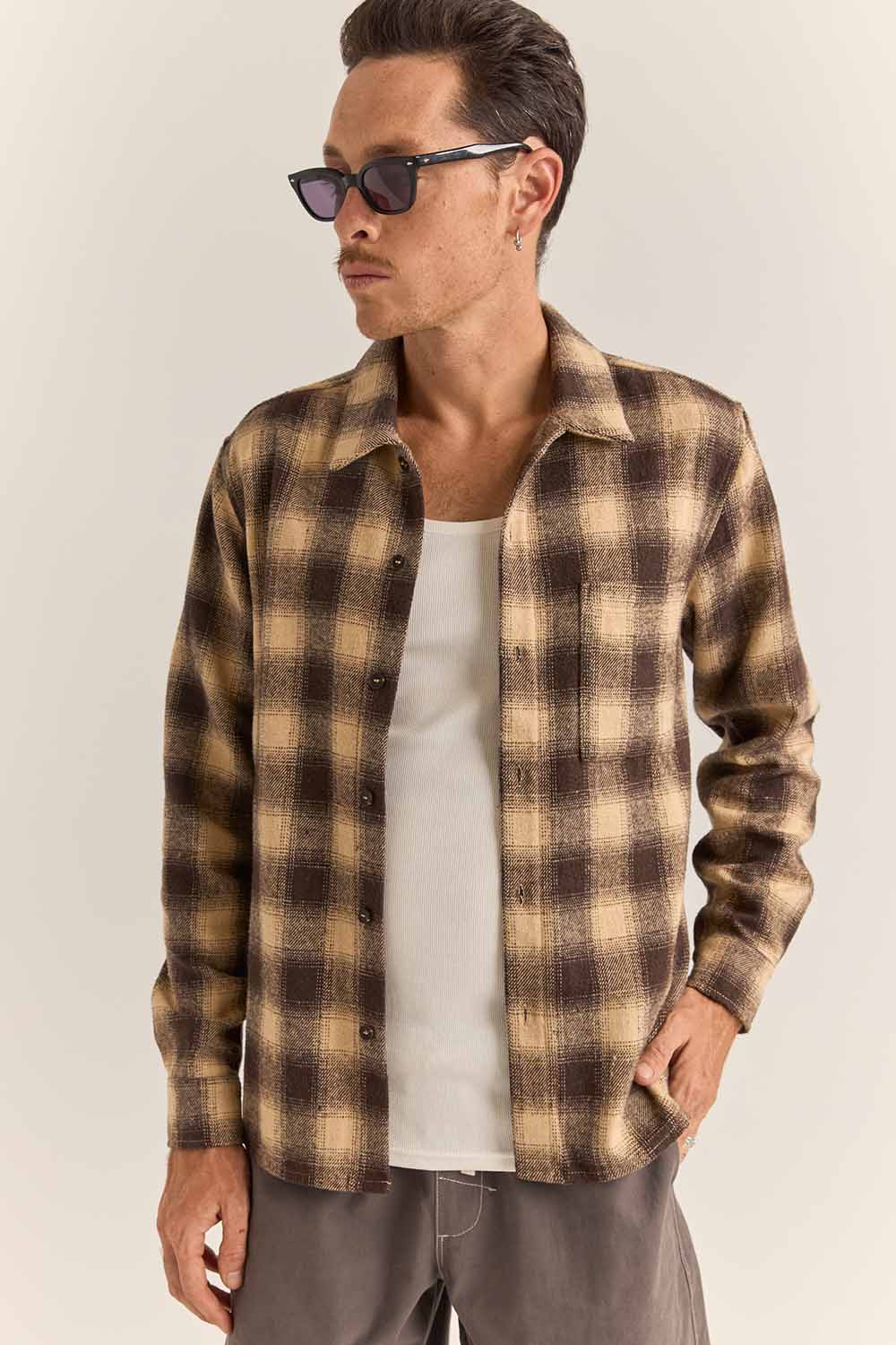 Rhythm - Plaid LS Flannel - Brown - Front